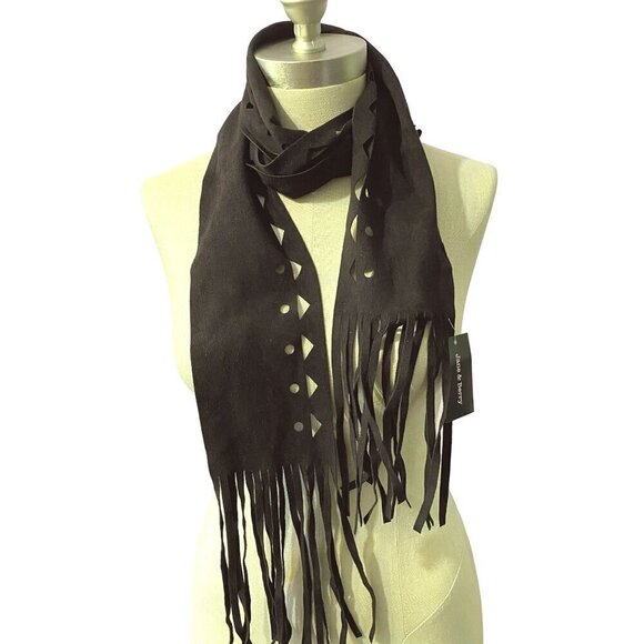 Jane & Berry Black Suede Like Scarf 4.5”x 84” Long Fringe & Cut Out Detail NWT - Picture 2 of 10